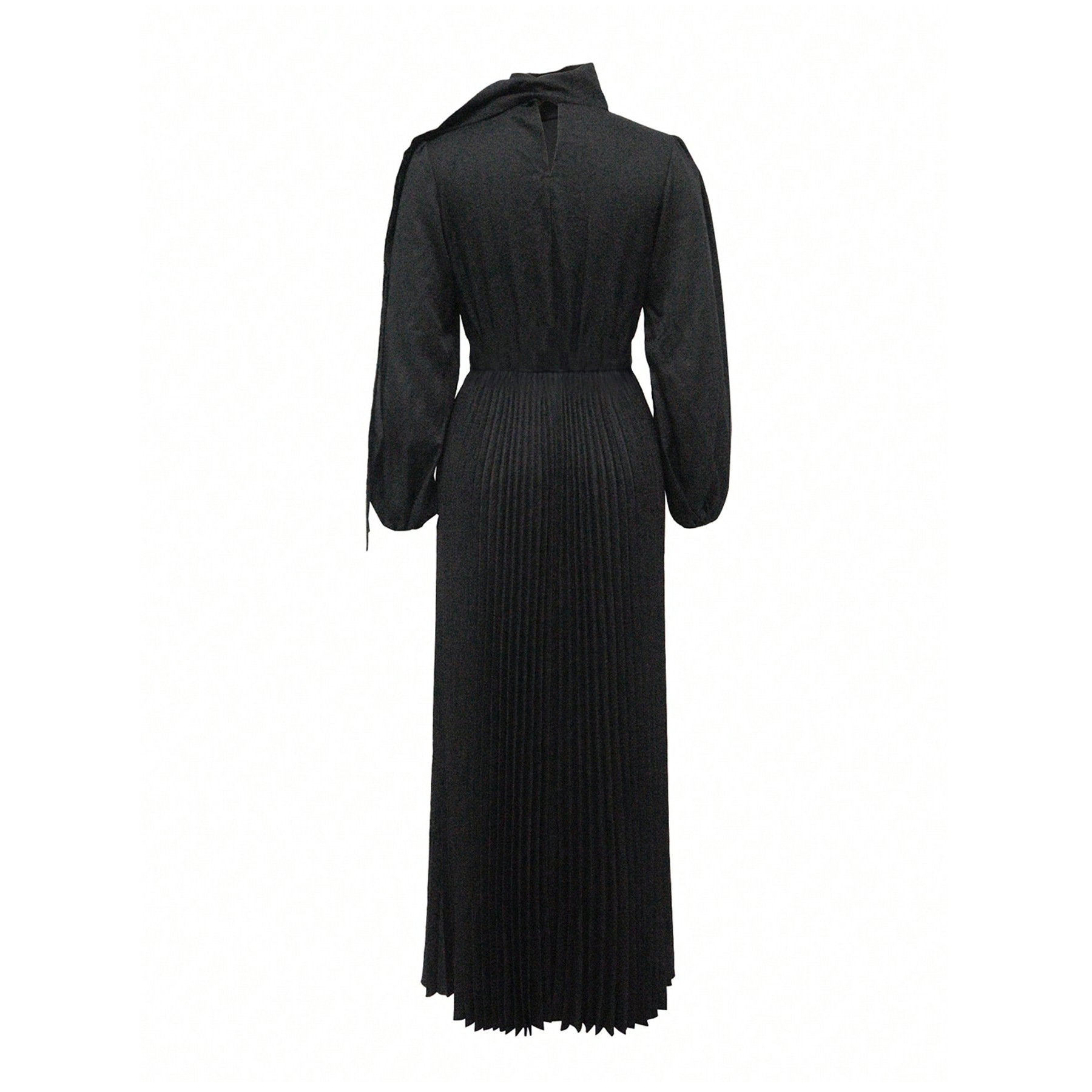 Women Long Sleeve Pleated Black Dress