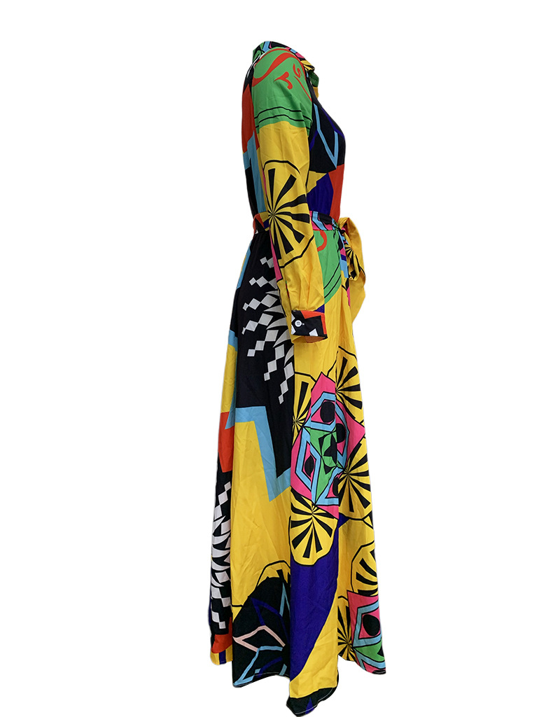 Spring Autumn Fashion Chic Print Turndown Collar Maxi Dress For Women