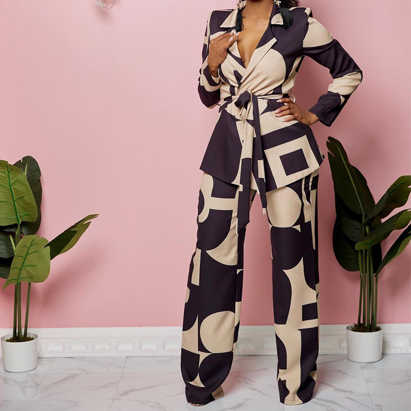Spring Autumn Women's Fashion Print Turndown Collar Blazer With Tight Pants Set