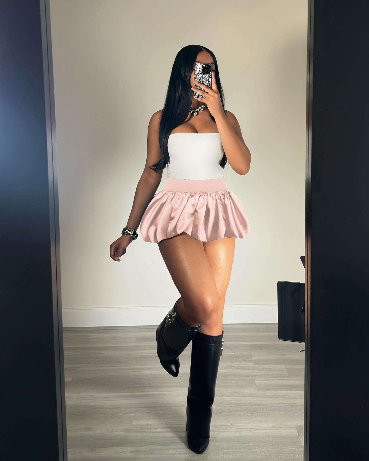 Women Glitter Mini Pleated Solid Bubble Skirt