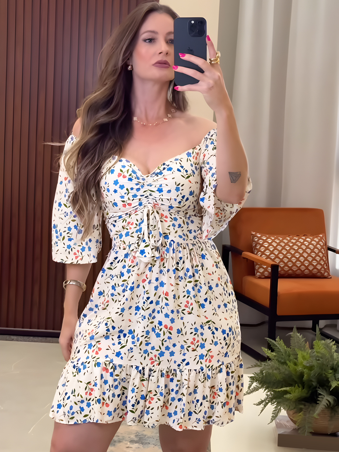 Women Floral V Neck Pleated Summer Dress