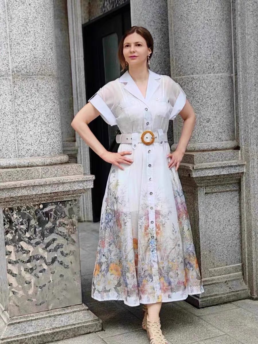 Women retro printed with belt Strap Dress