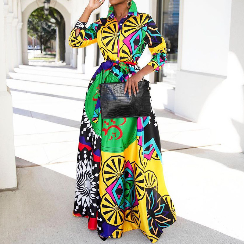 Spring Autumn Fashion Chic Print Turndown Collar Maxi Dress For Women