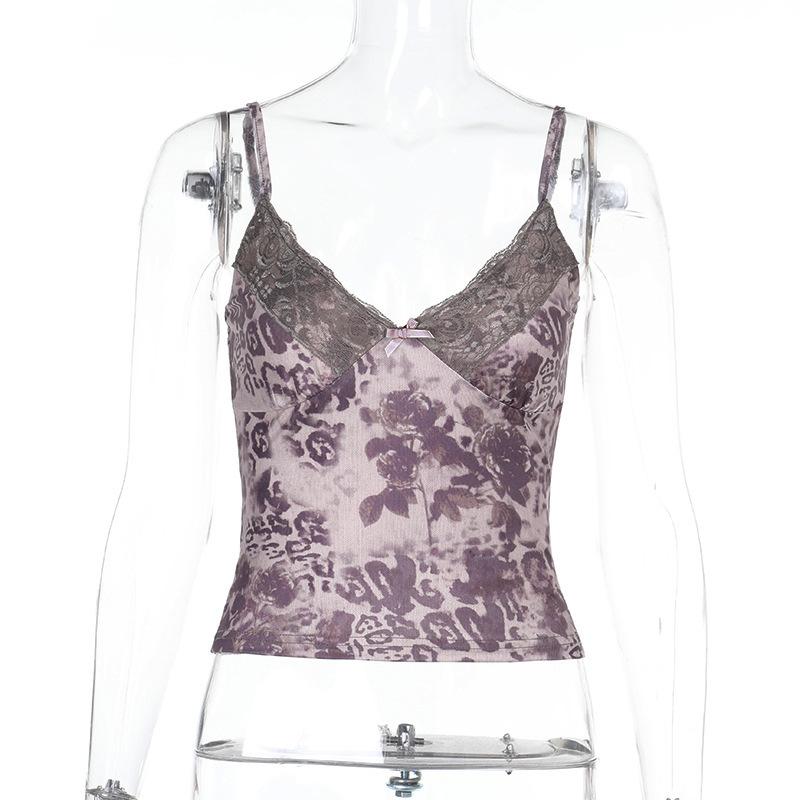 Women Sexy Summer Lace Print Strap Top