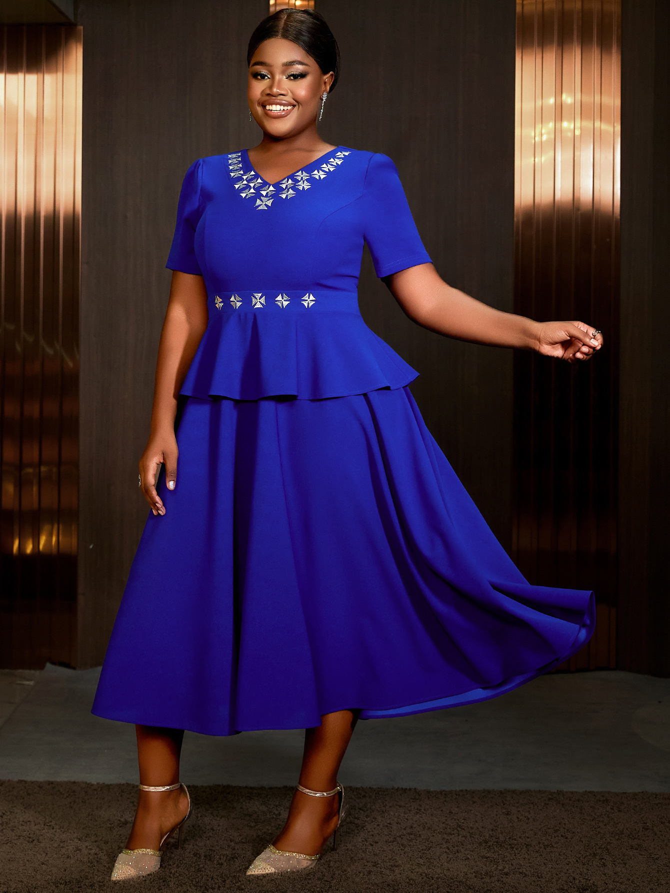 Women V-Neck High Waist Ruffle Dress