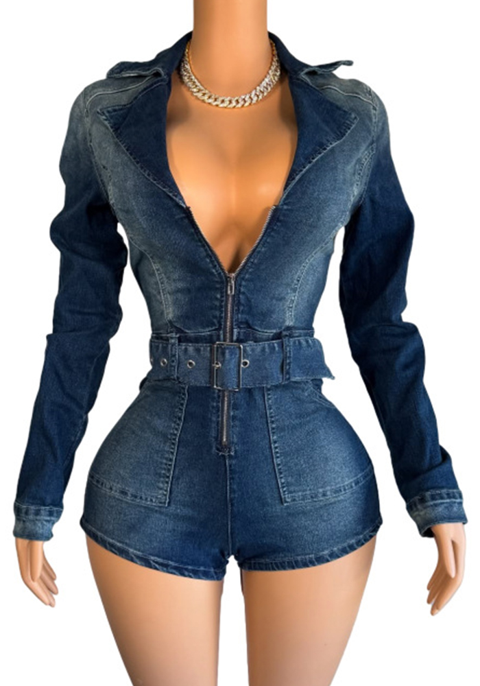 Women Zipper Solid Patchwork Stetchy Denim Lace Jumpsuit