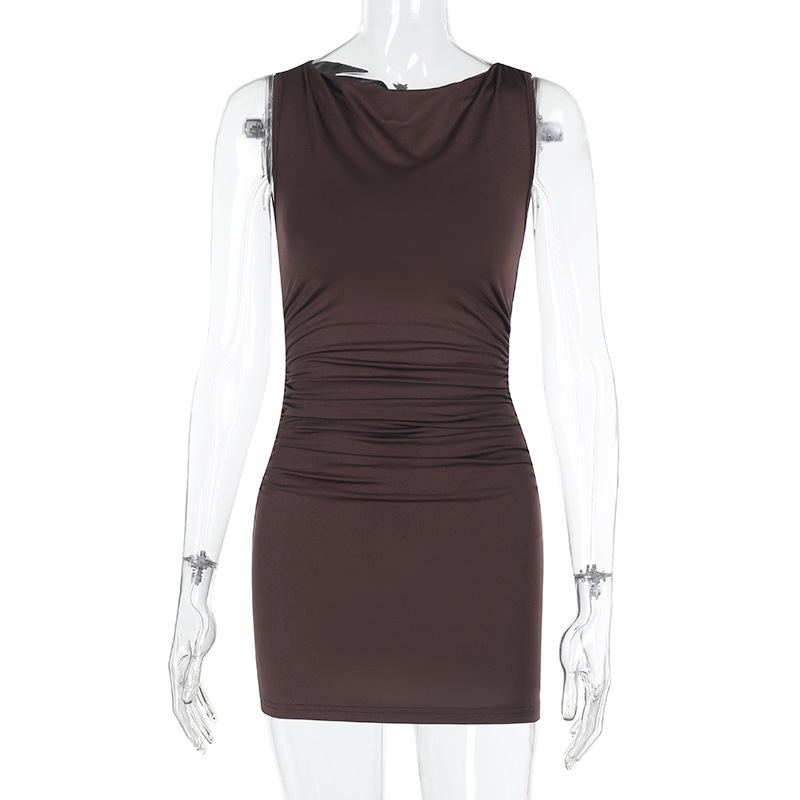 Women Round Neck Gathered Sexy Backless Bodycon Dress