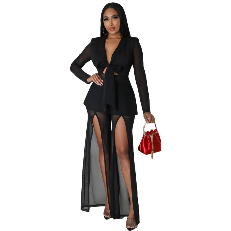 Sexy Solid Color Long Sleeve Slim Waist Tie-Detail Blazer Slit Pants Two-Piece Set