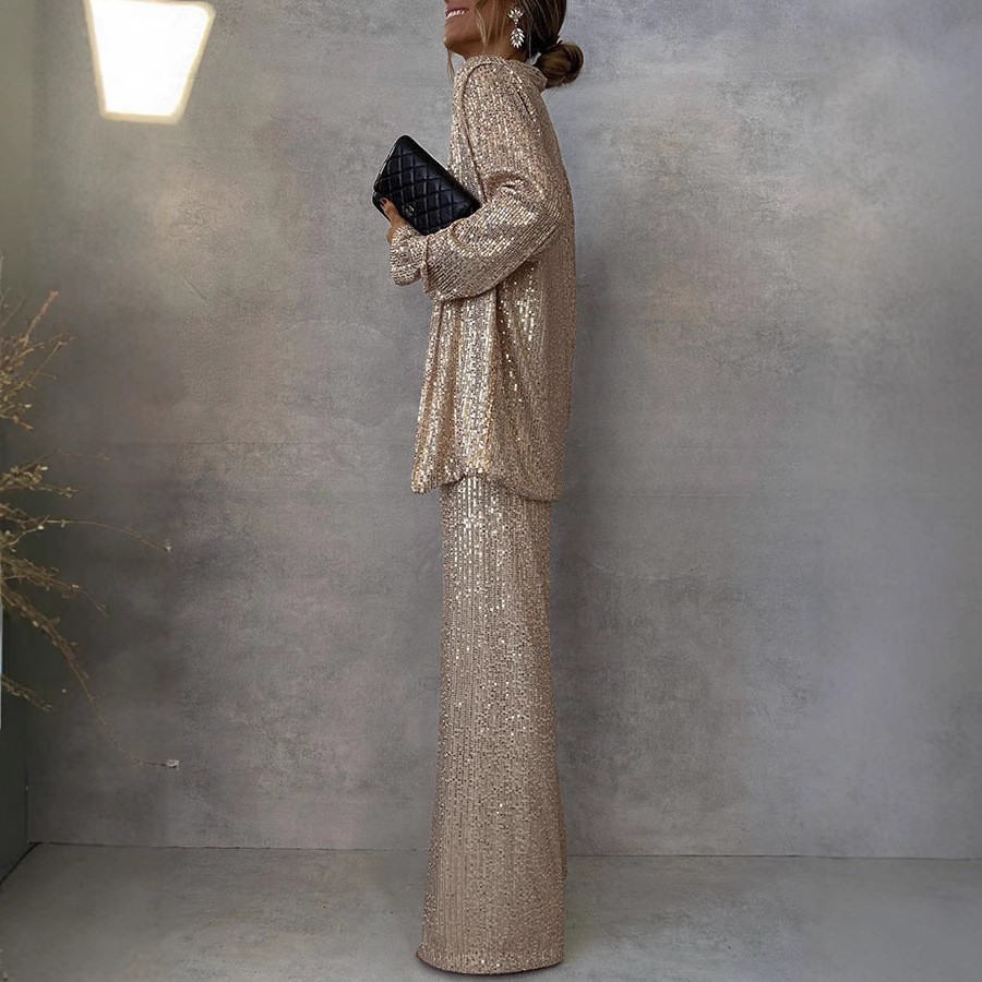 Women's Sequin Long Sleeve Two Piece Pants Set Chic Outerwear