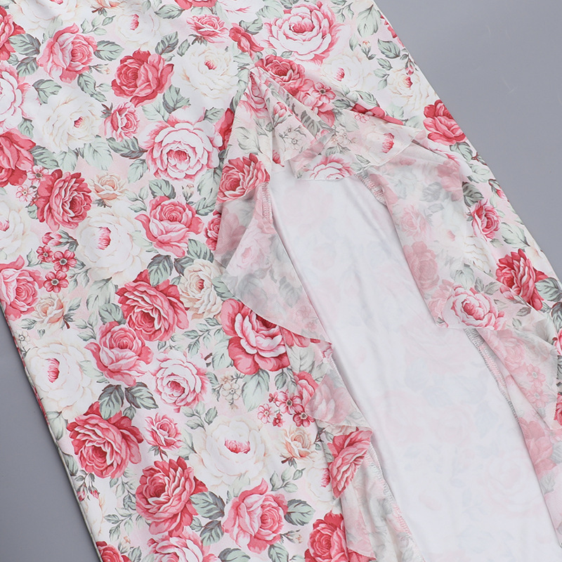 Women Spring Sexy Ruffle Floral Print Slit Dress