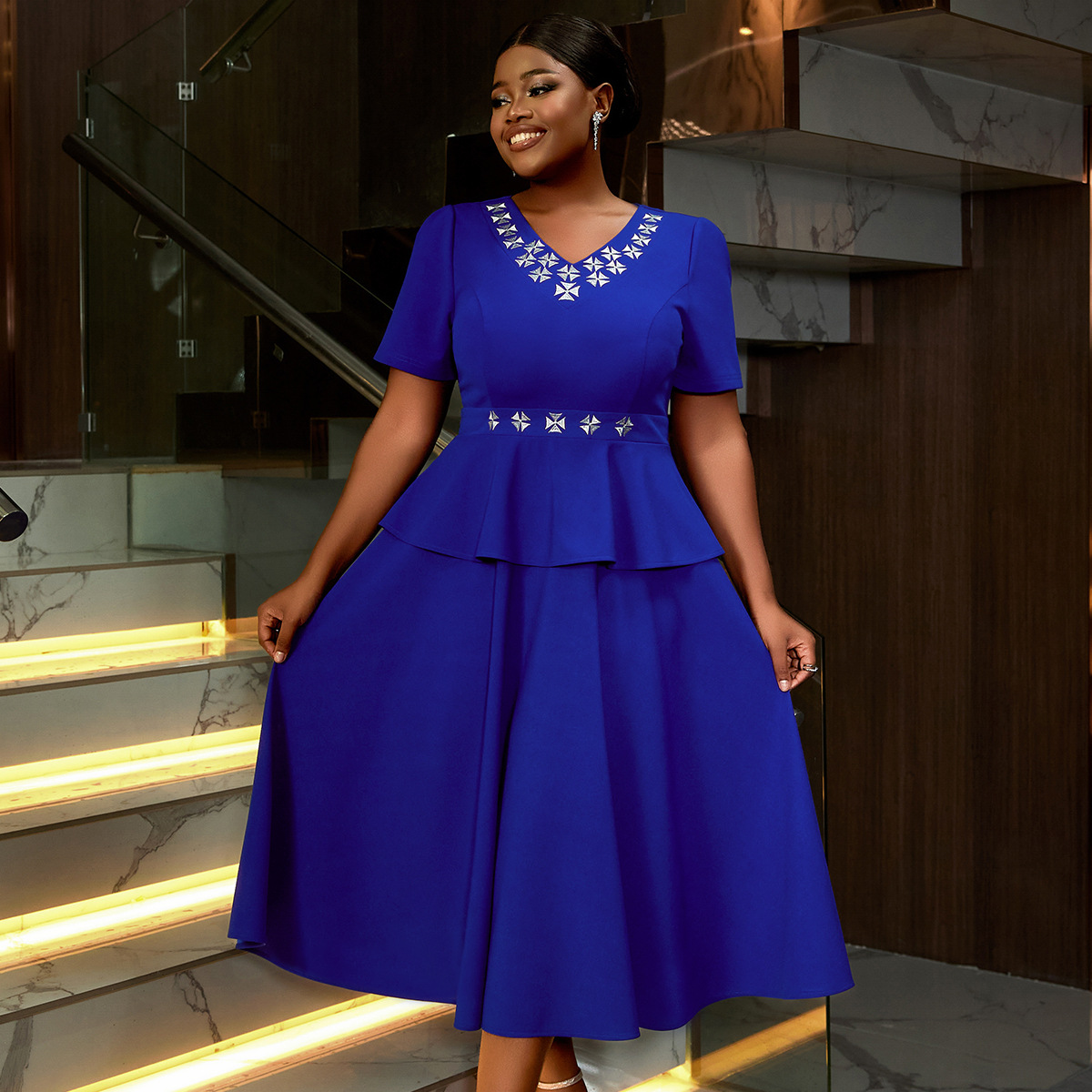 Women V-Neck High Waist Ruffle Dress