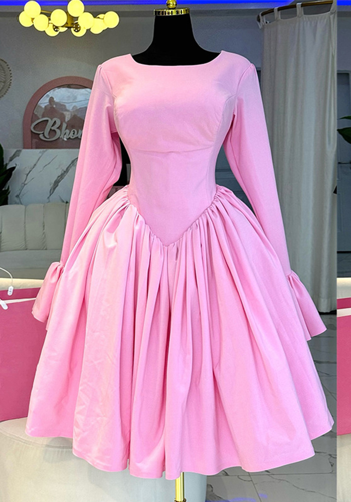 Women's Spring Chic Elegant Round Neck Long Sleeve Lace-Up High-Waist A-Line Dress