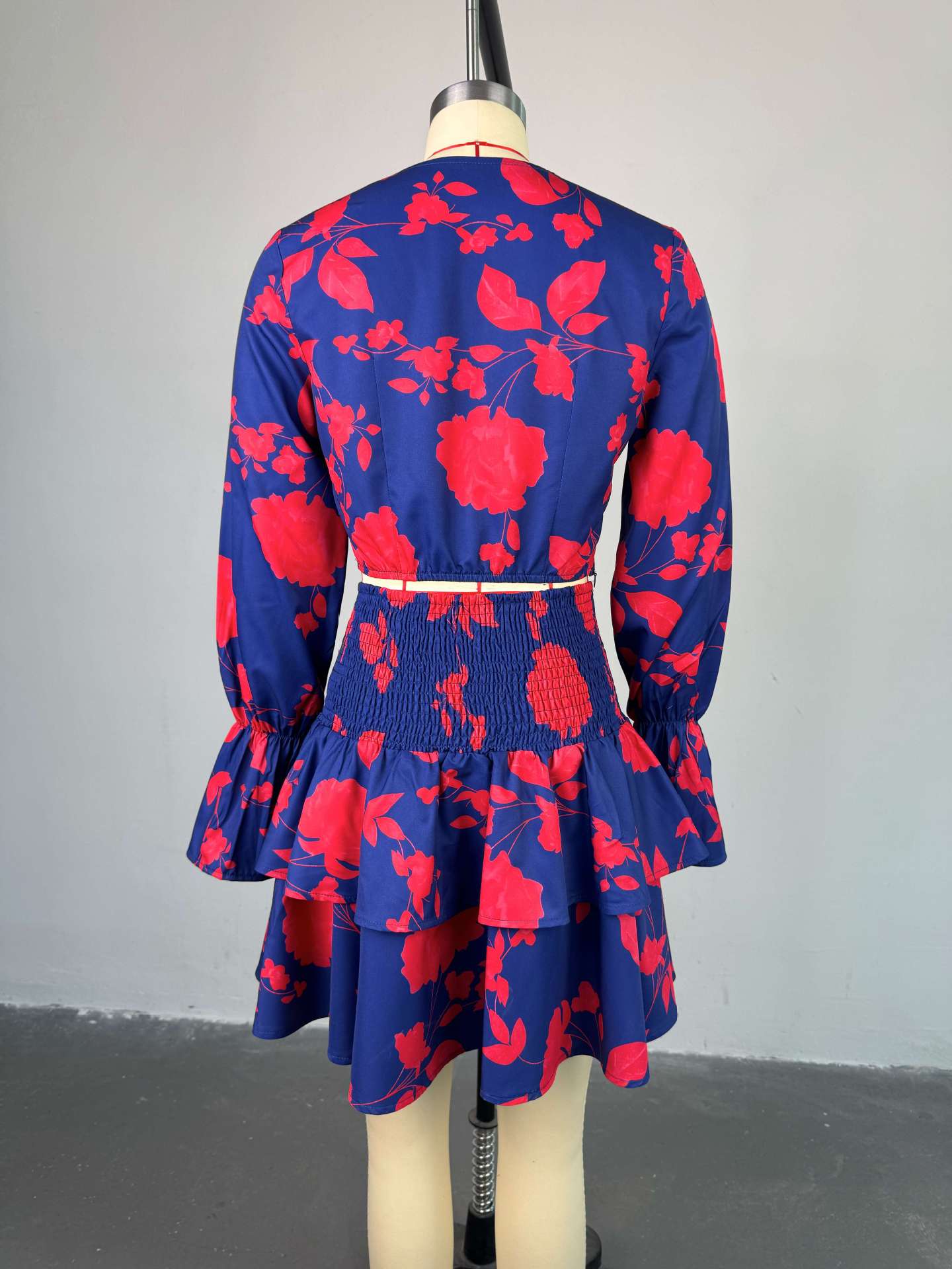 Women's Sweet Floral Print Square Neck Long Sleeve Blouse High-Waist Ruffle Skirt Two-Piece Set