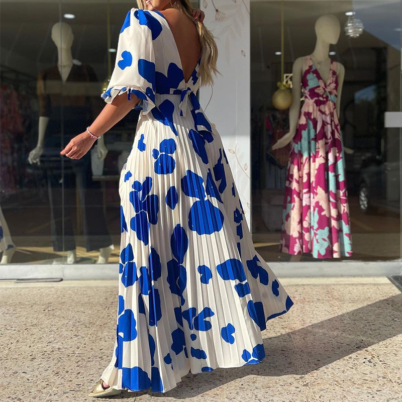 Summer Women's Fashion V-Neck Half-Sleeve Print Maxi Dress
