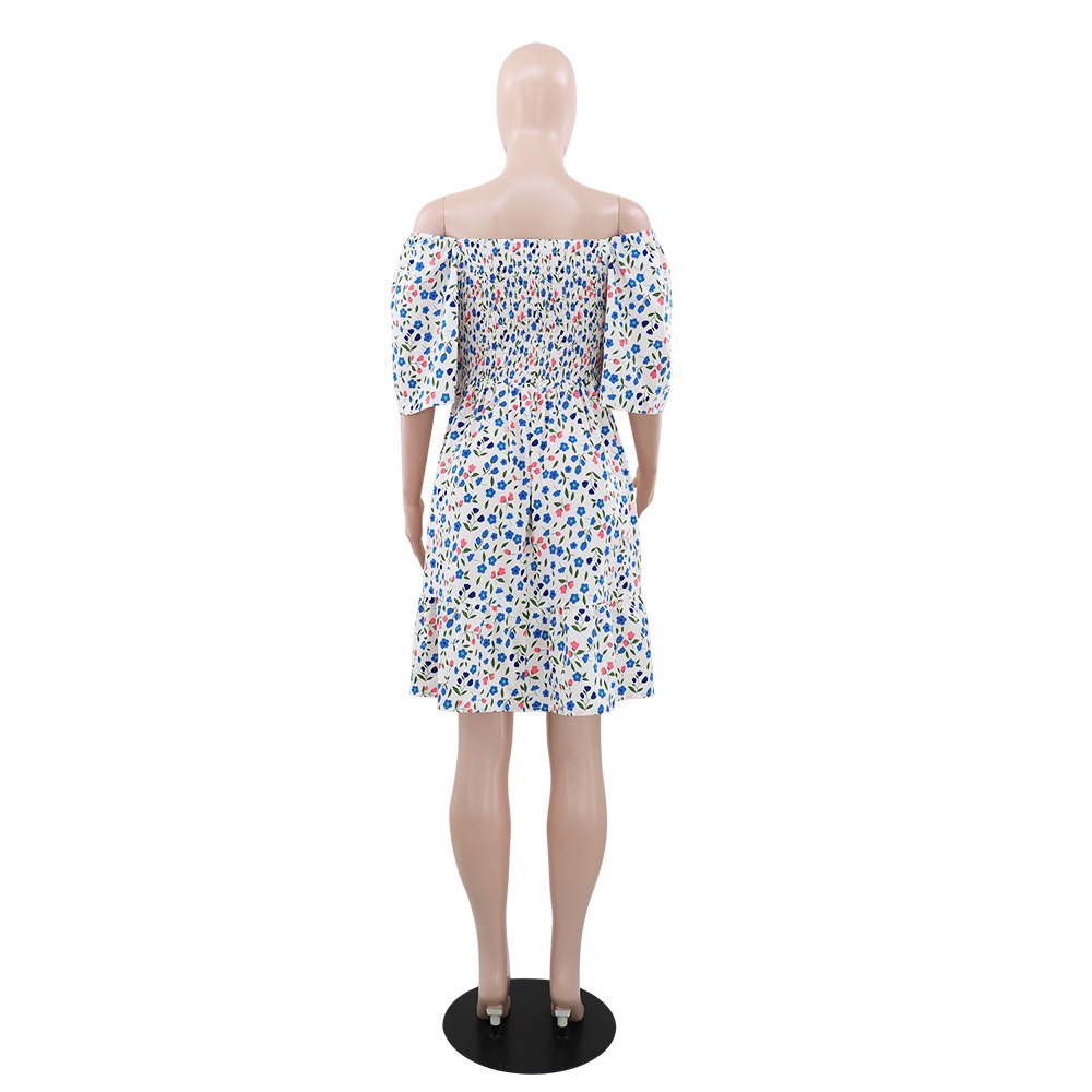 Women Floral V Neck Pleated Summer Dress