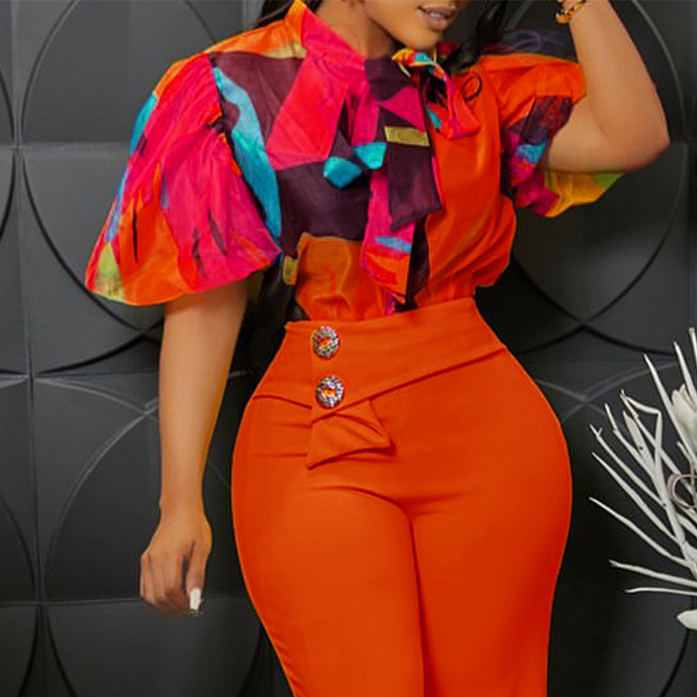 Women Printed Lace-Up Bubble Short Sleeve Shirt Top