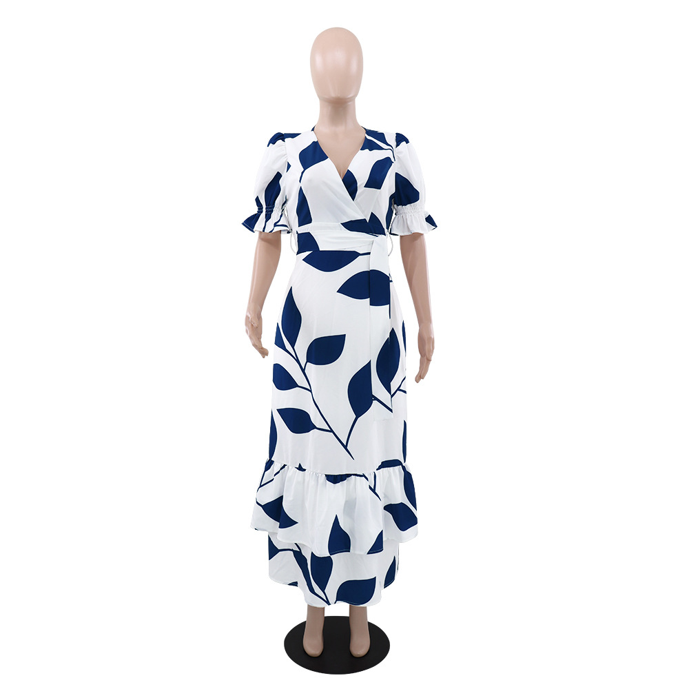 Women Princess Sleeve Print Summer Elegant V Neck Irregular Dress