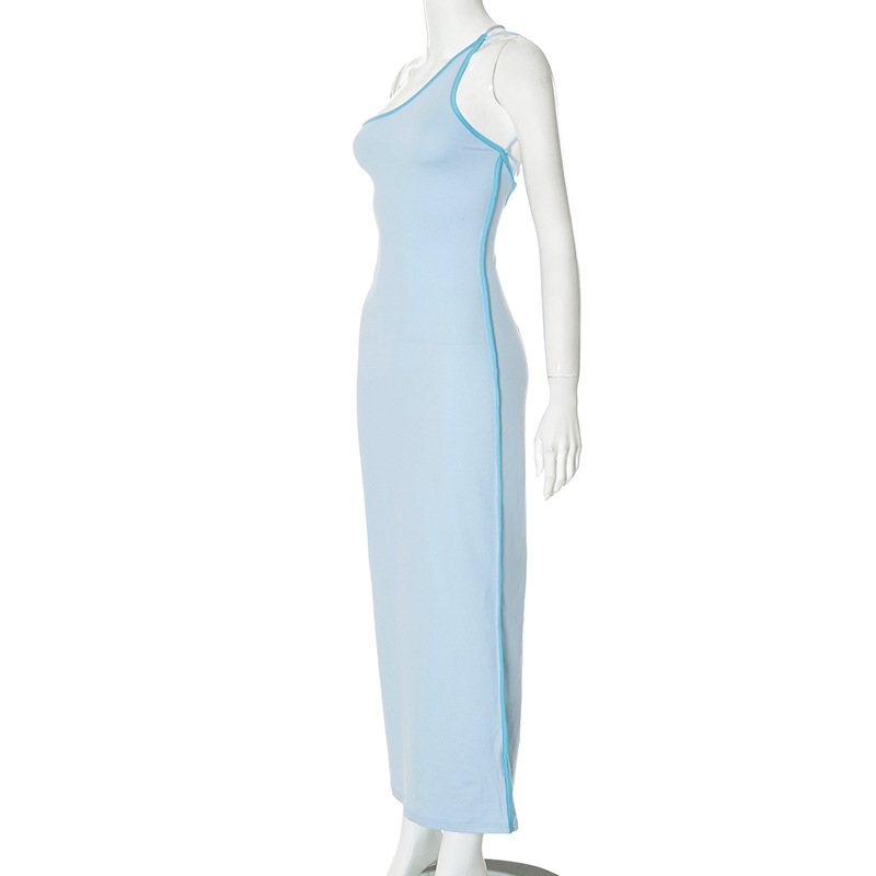 Women Spring Summer Contrast Color Slash Shoulder Backless Lace-Up Sexy Bodycon Dress