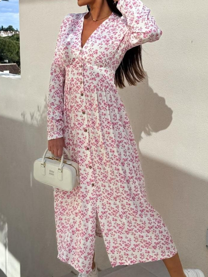 Beach Holidays V-Neck Slim Waist Floral Print Spring Long Sleeve Dress