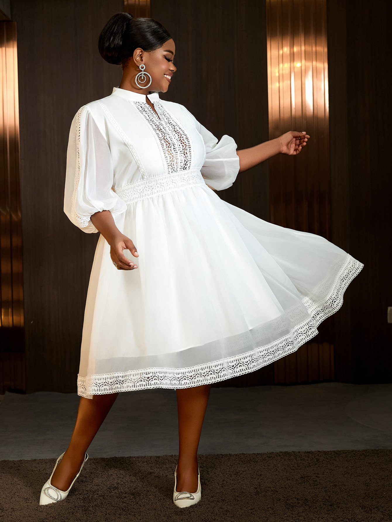 Plus Size Women Half-High Neck Lantern Sleeve Dress