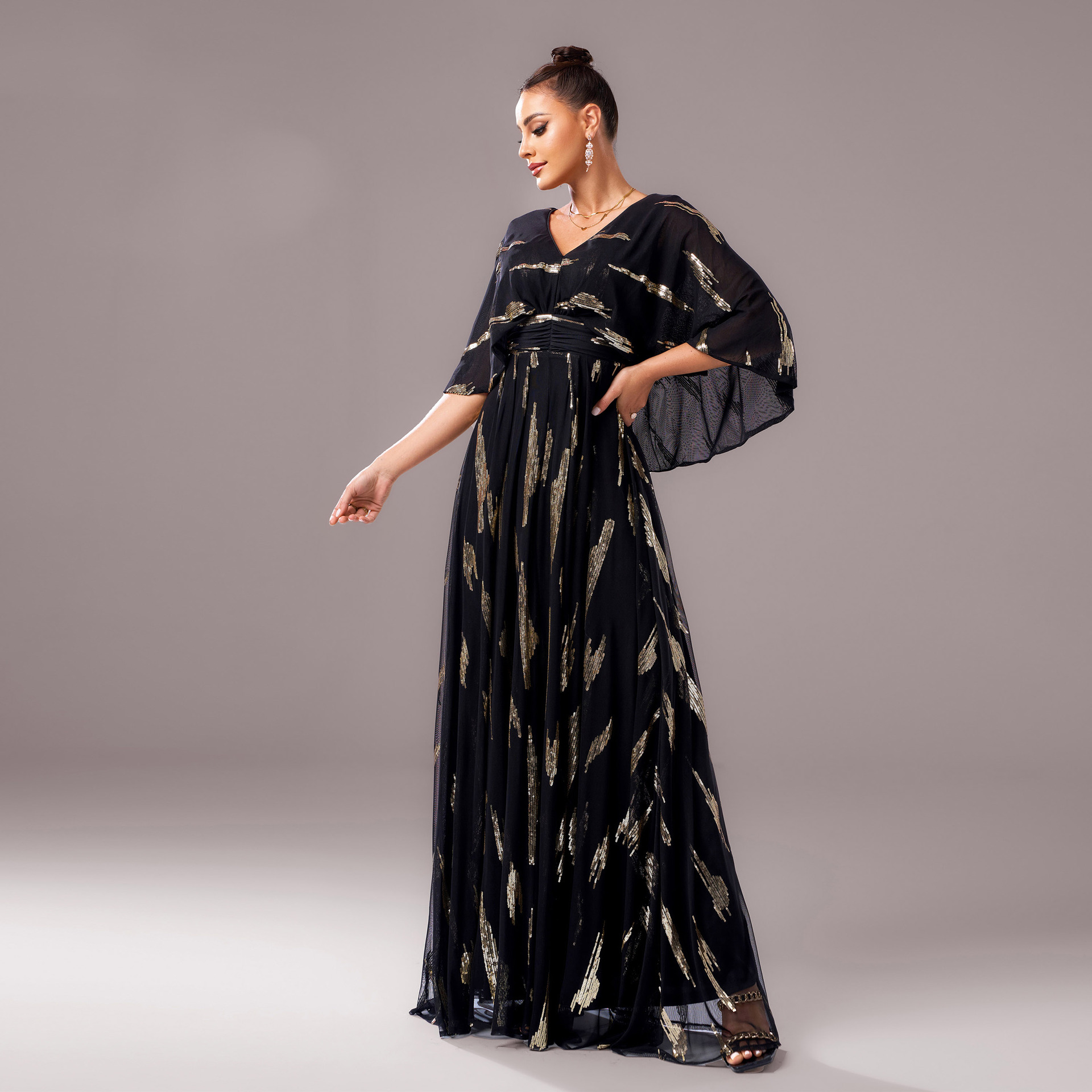 Women v-neck half-sleeve sequin formal party bodycon evening dress