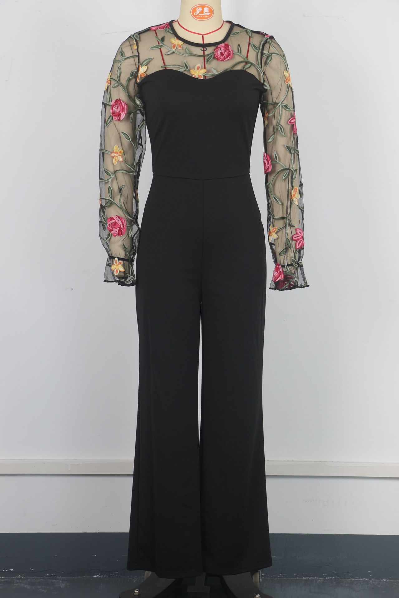 Women's Long Sleeve Embroidered Mesh Patchwork Slim Waist Jumpsuit