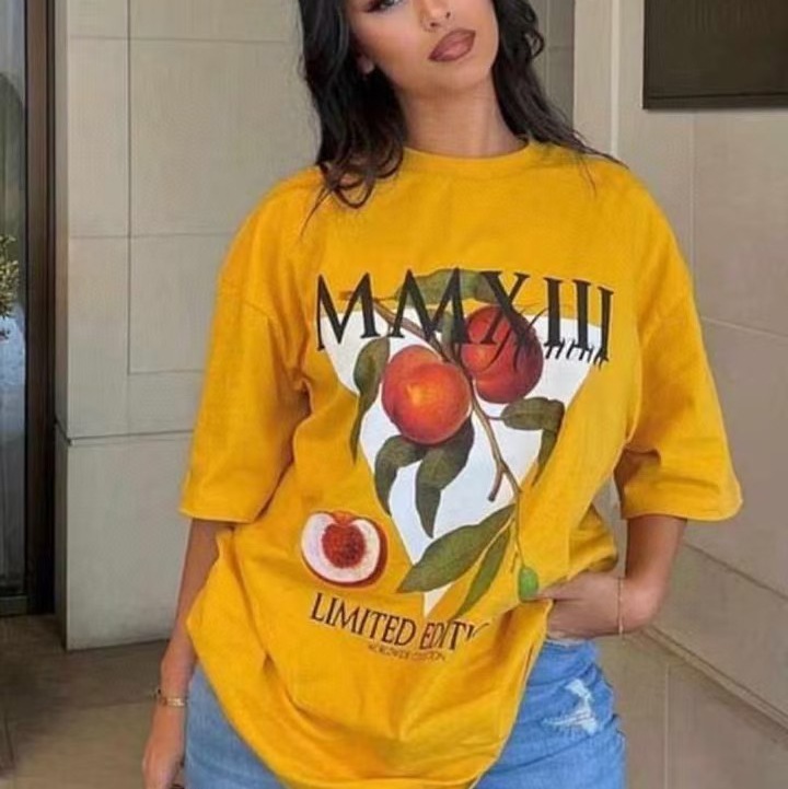 Women American straight shoulder short-sleeved T-shirt summer half-sleeved top