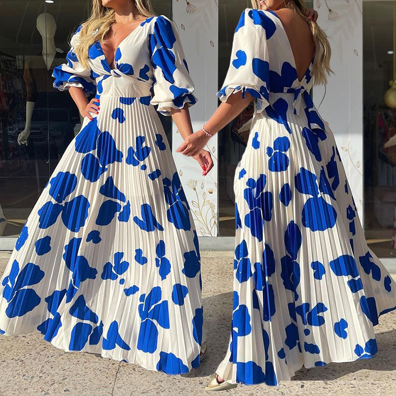 Summer Women's Fashion V-Neck Half-Sleeve Print Maxi Dress
