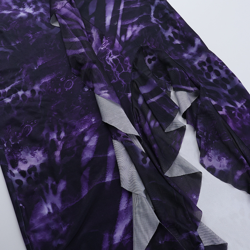 Women Spring Sexy Ruffle V Neck Print Slit Dress