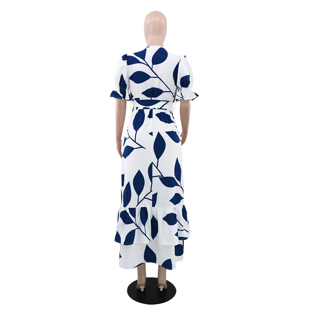 Women Princess Sleeve Print Summer Elegant V Neck Irregular Dress