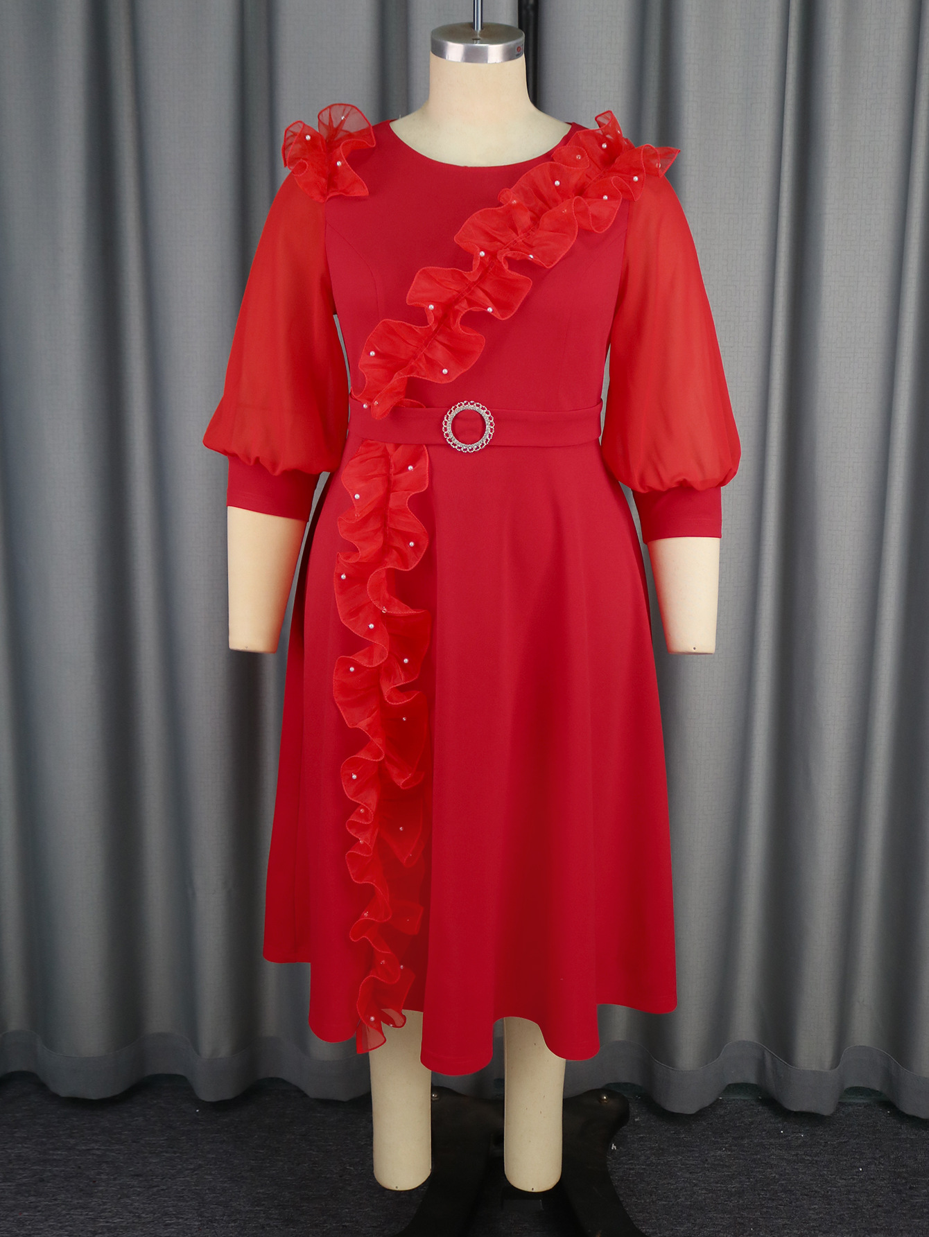 Women African Party Lantern Sleeve Ruffle Edge Beaded Dress