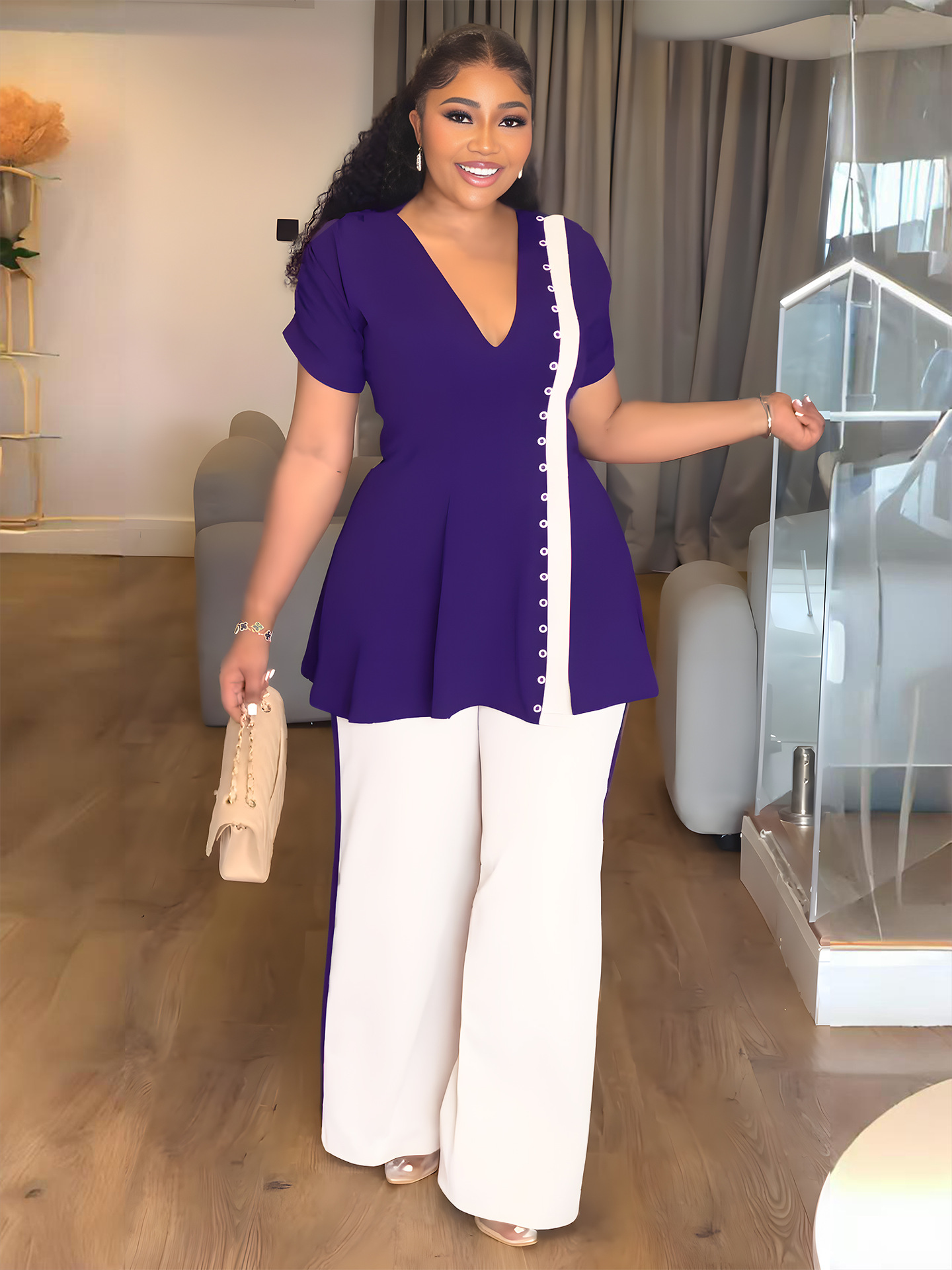 Women Casual Slit Top and High Waist PantsTwo Piece Set