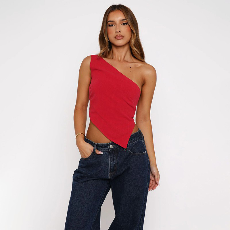 Women Sexy Slash Shoulder Backless Lace Irregular Suspender Top