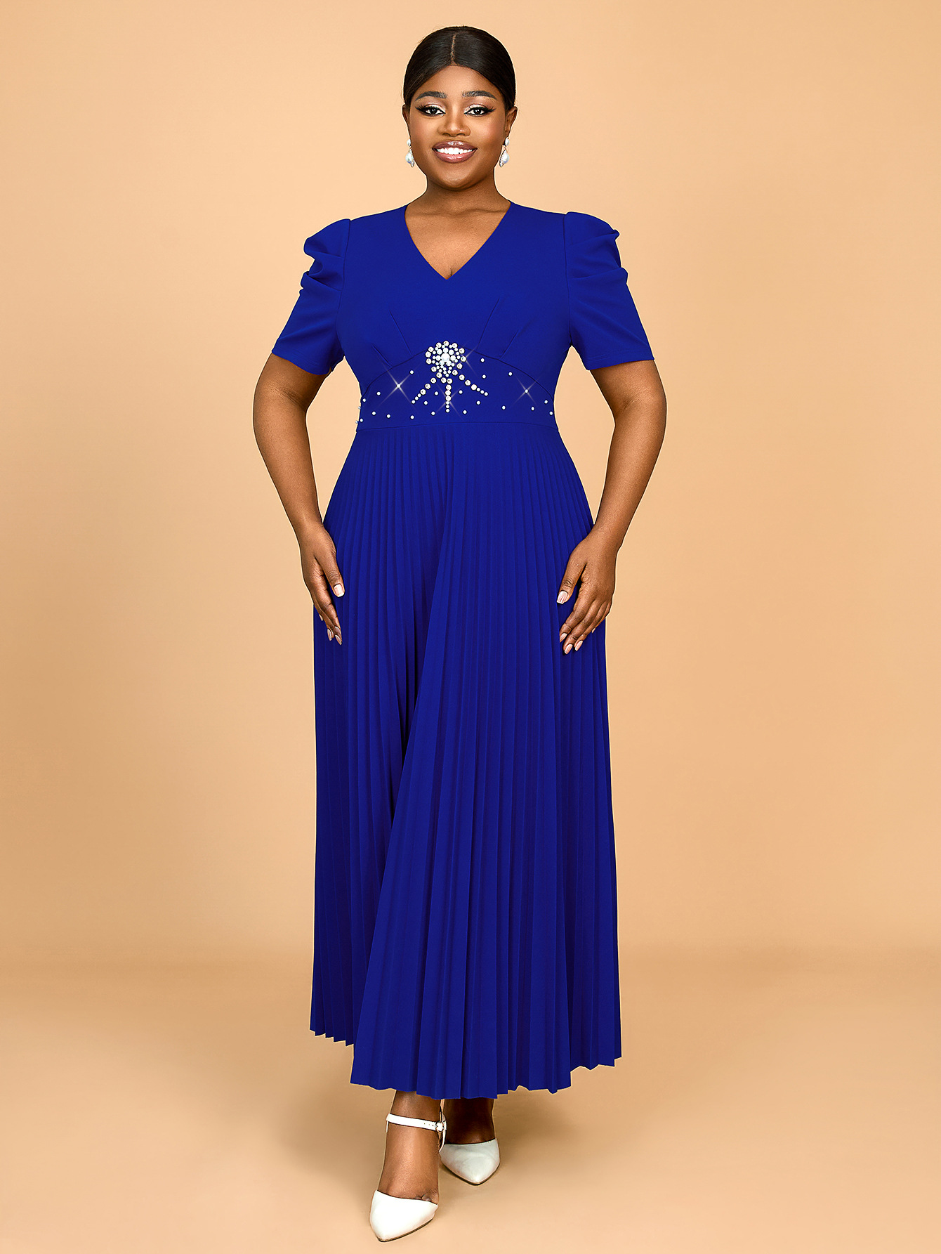 Women Elegant Spring and Summer Prom Formal Party Pleated Beaded Dress