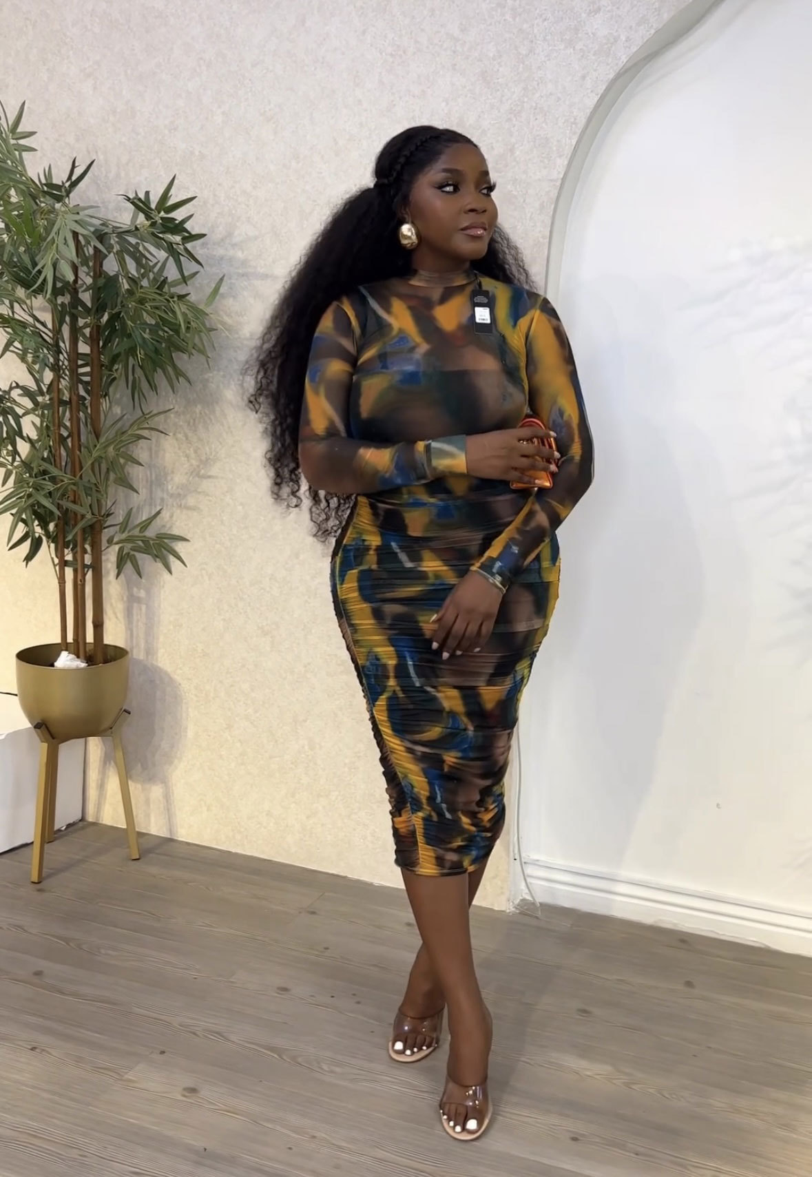 See-Through Mesh Sexy Round Neck Long-Sleeve Bodycon Dress