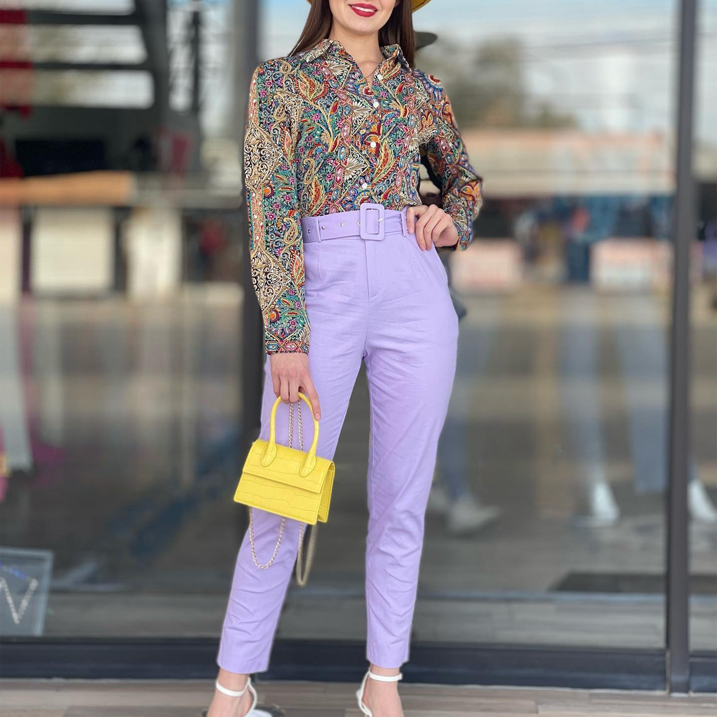 Women's Spring Printed Long-Sleeve Shirt and High-Waist Trousers Two-Piece Set