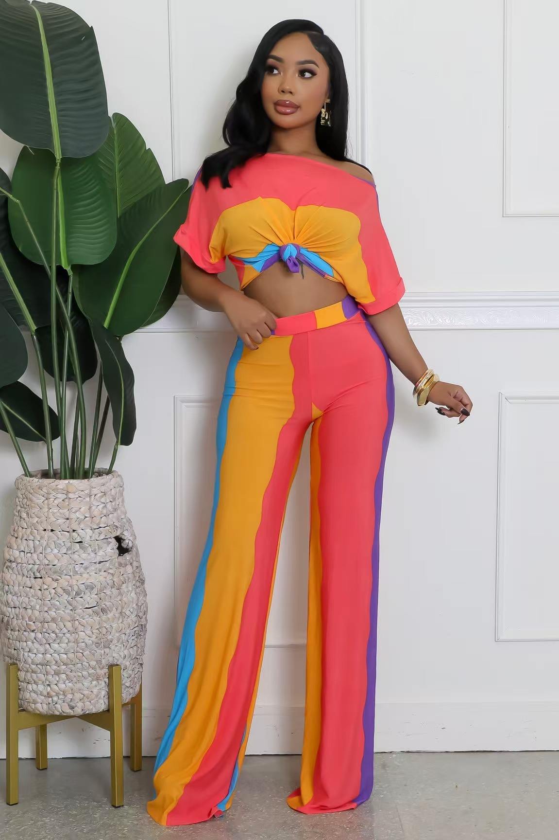 African Print Plus Size Casual Multi-Color Wide Neck Short-Sleeve Two-Piece Pants Set