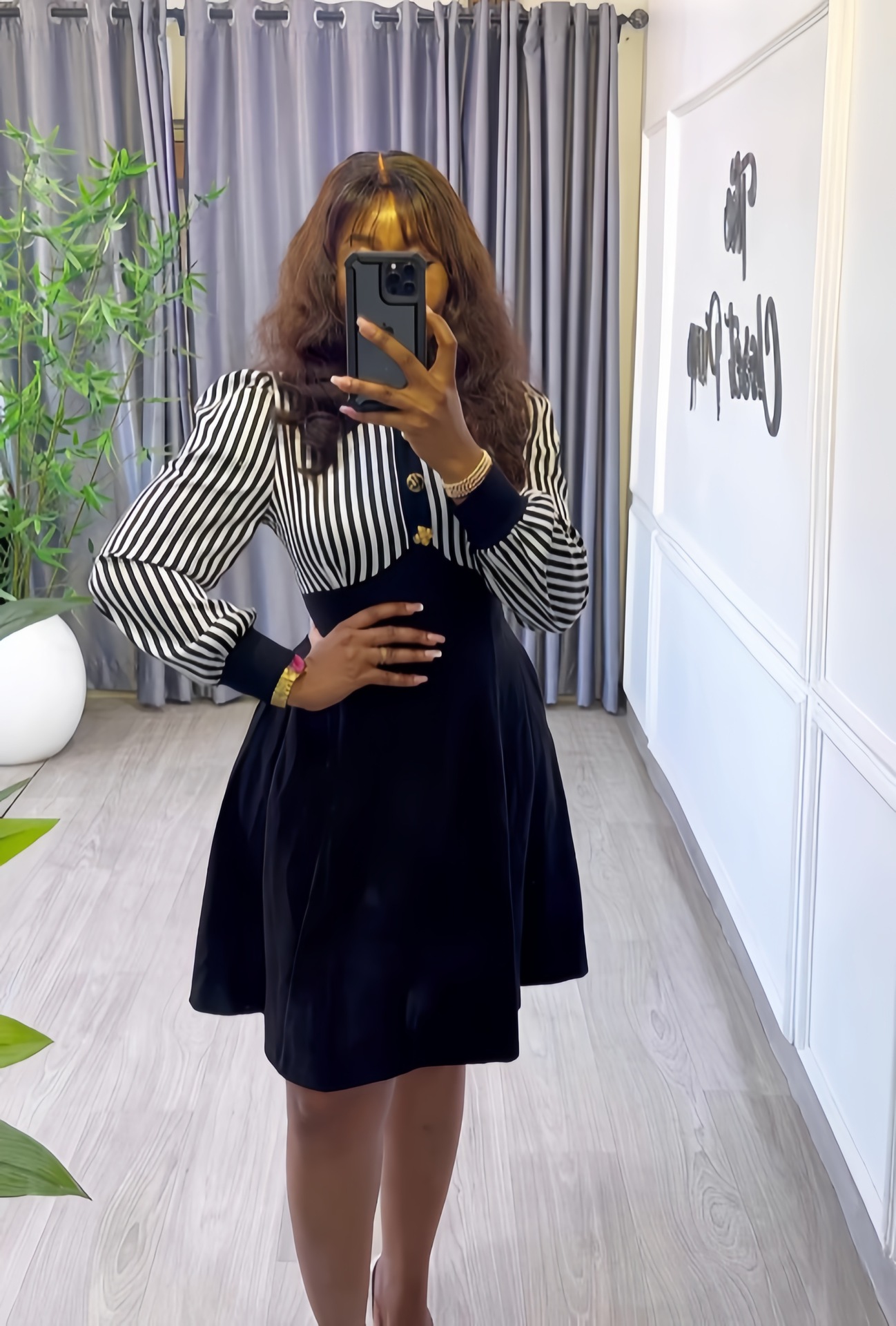 Women Spring Long Sleeve Single-Breasted Shirt Collar Striped Dress