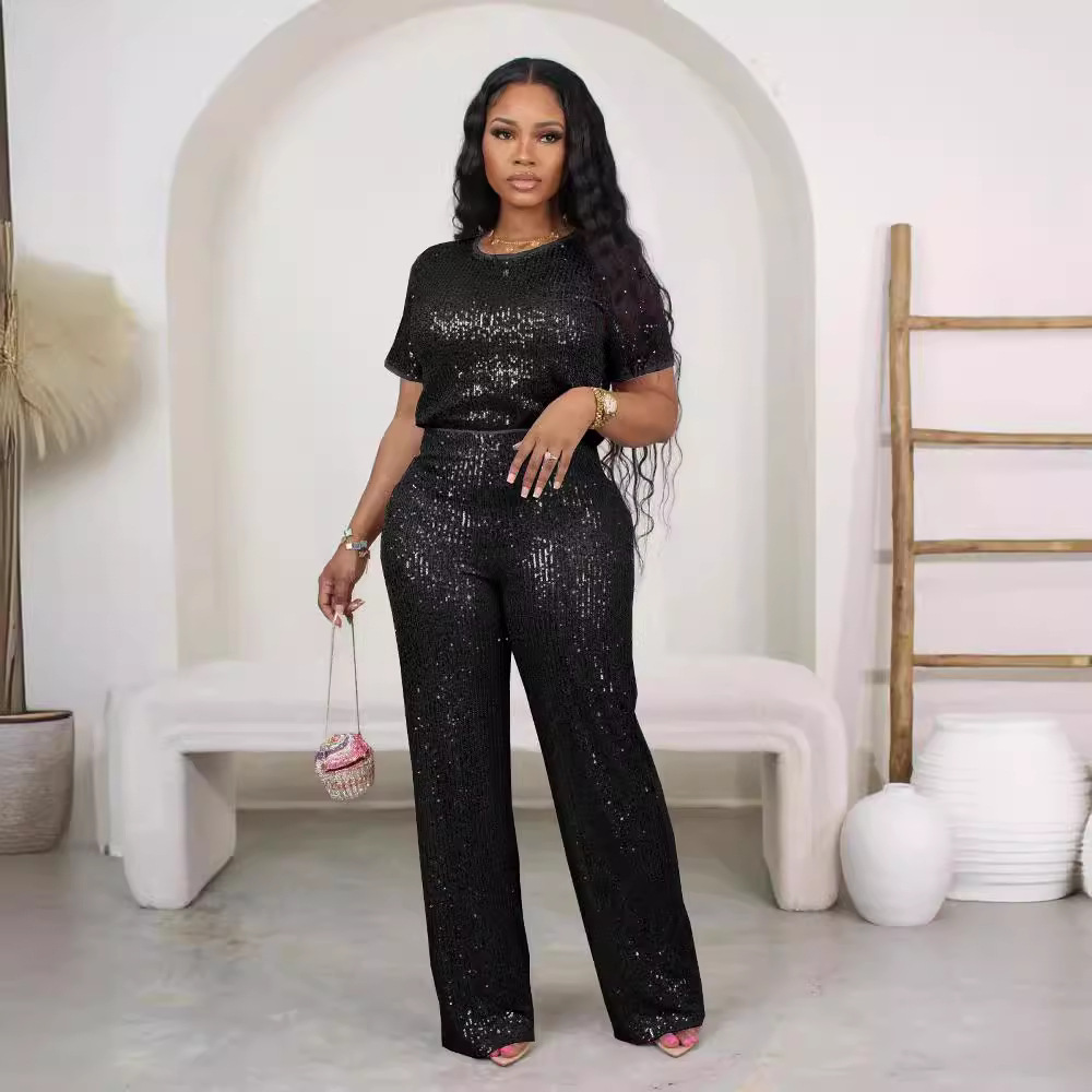 Women Spring Summer Sequin Solid Short Sleeve Top and Pants Two-piece Set