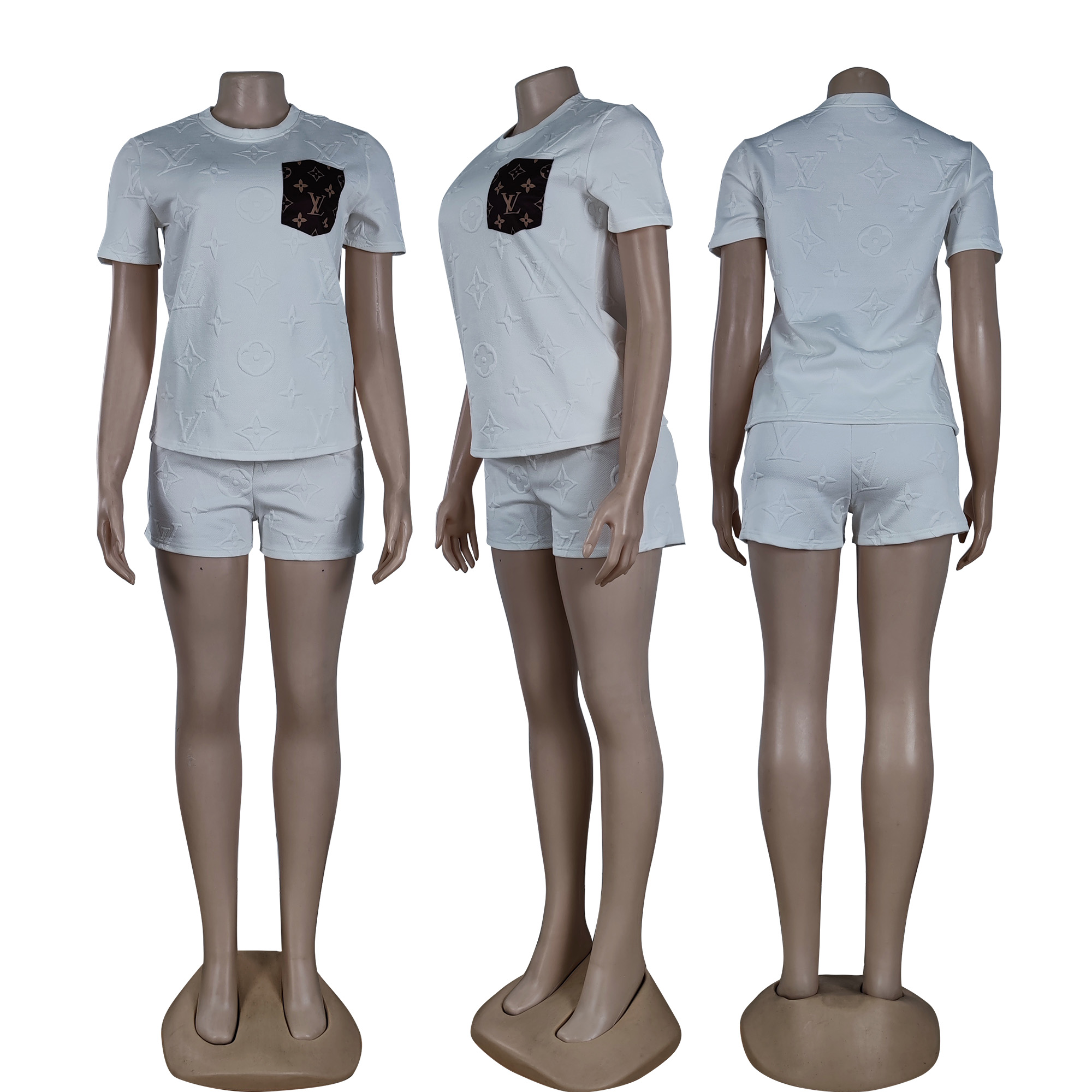 Women Short Sleeve Patch procket Top and Shorts Two Piece Set