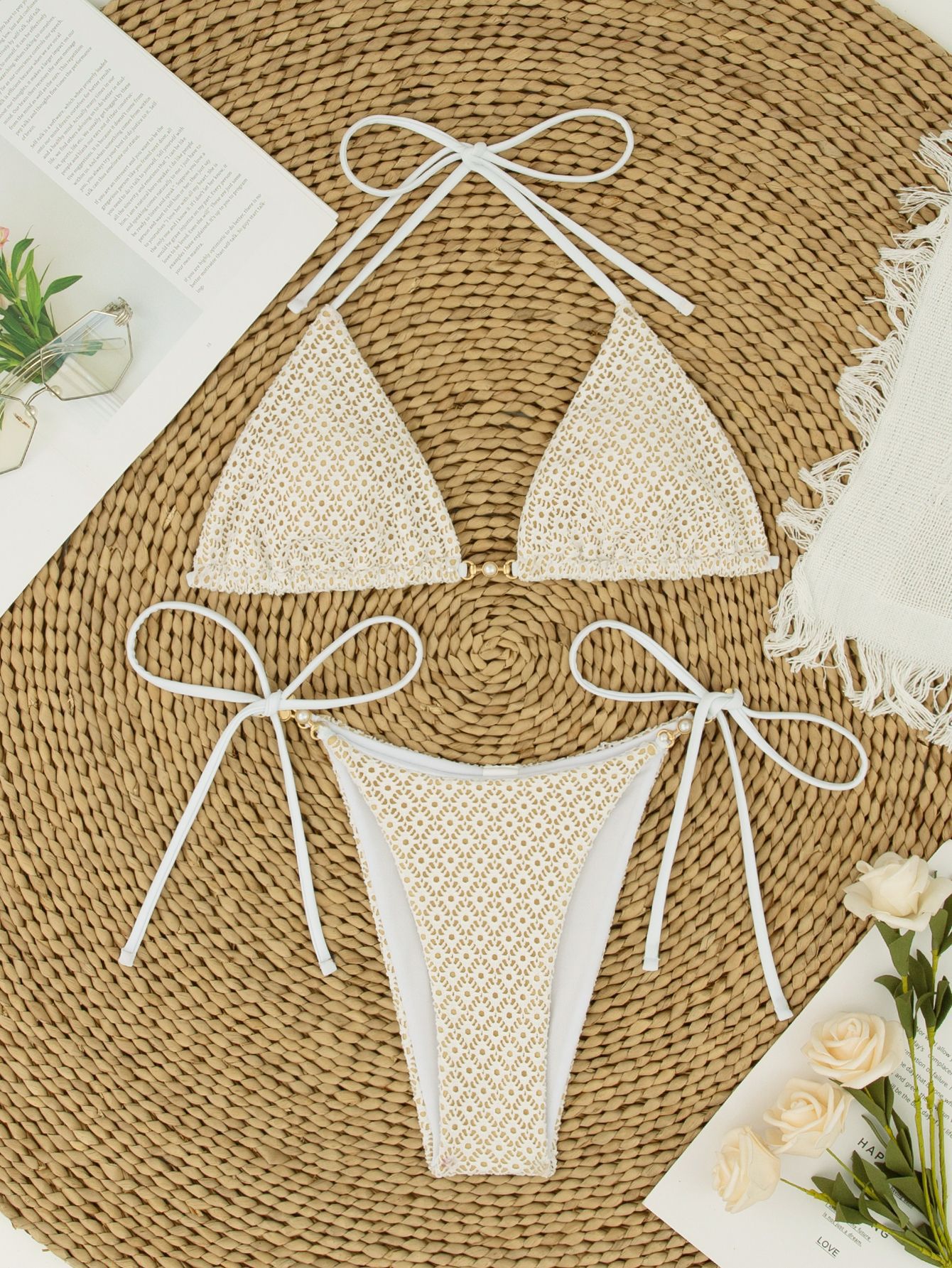 Halter Neck Triangle Bikini Tie-Back Low-Back Print Swimsuit