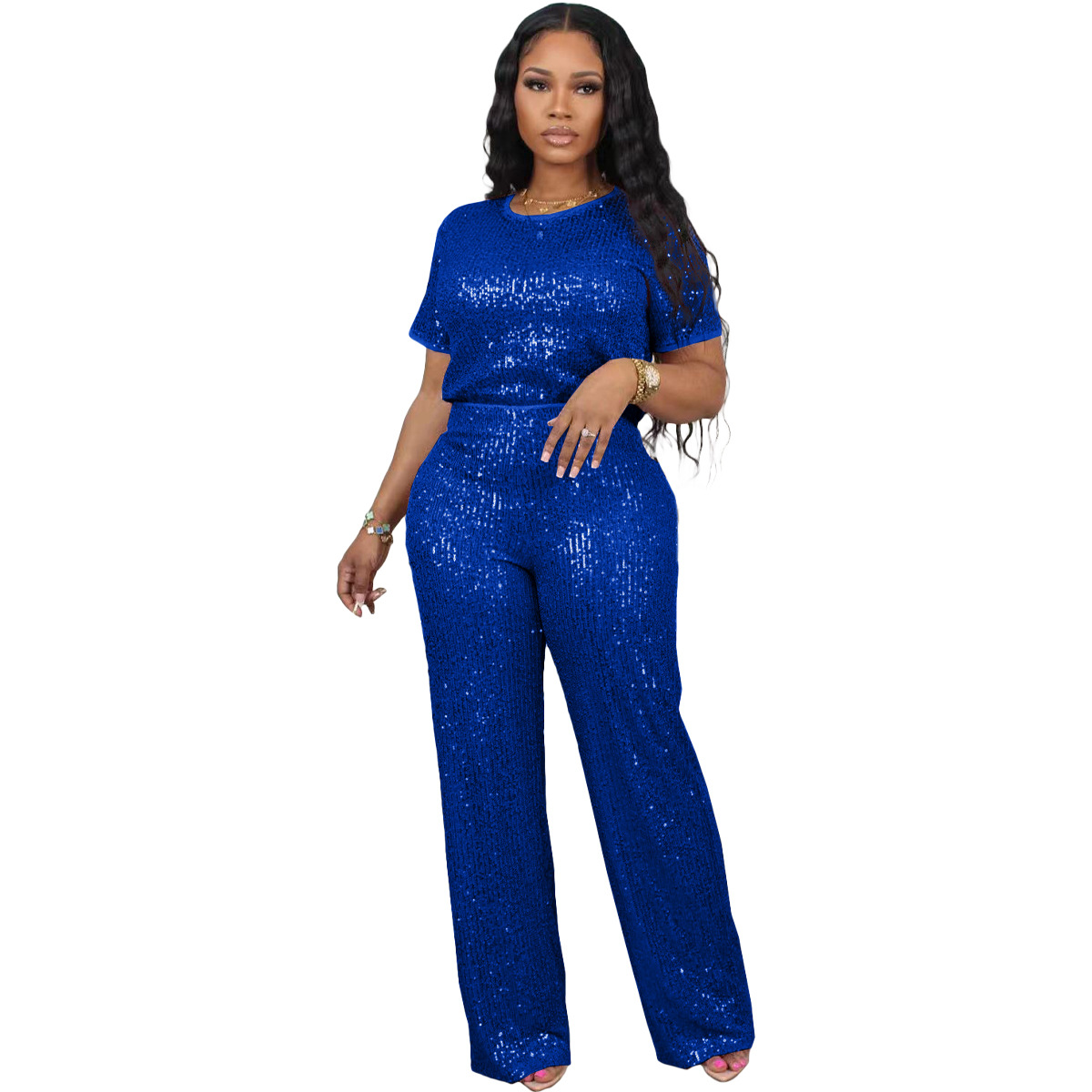 Women Spring Summer Sequin Solid Short Sleeve Top and Pants Two-piece Set
