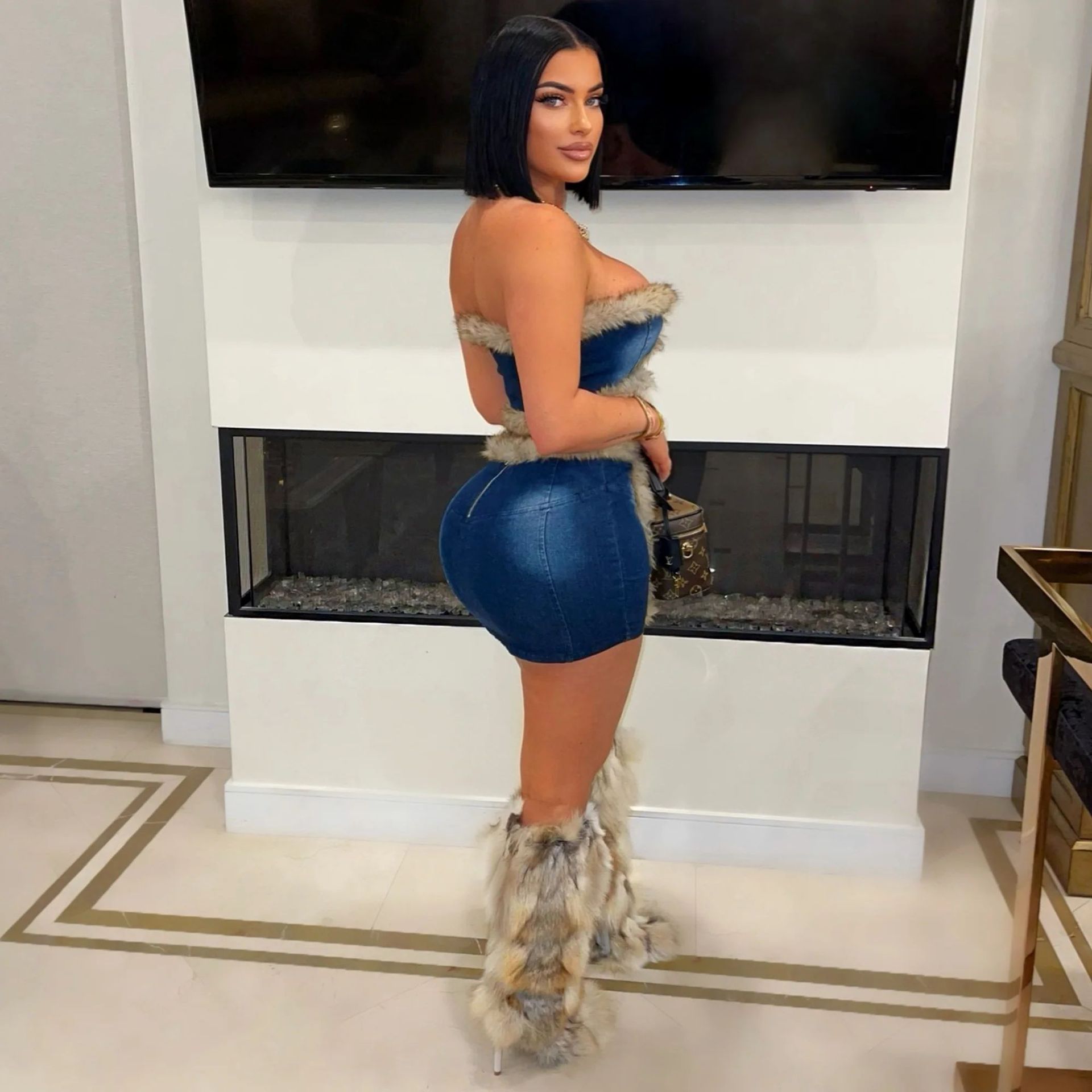 Women Plush Strapless Top and Bodycon Skirt Denim Two Piece Set