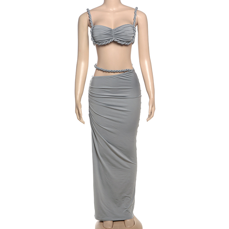 Women Spring Sexy Solid Backless Top and Bodycon Skirt Two-piece Set