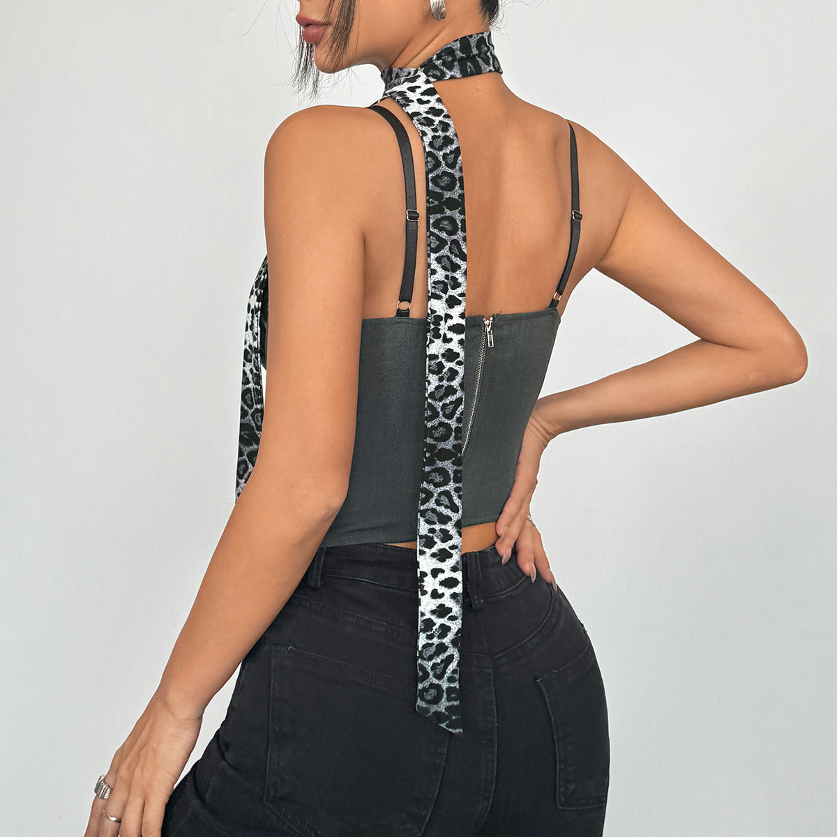 Leopard Patchwork Contrast Strap Corset Top