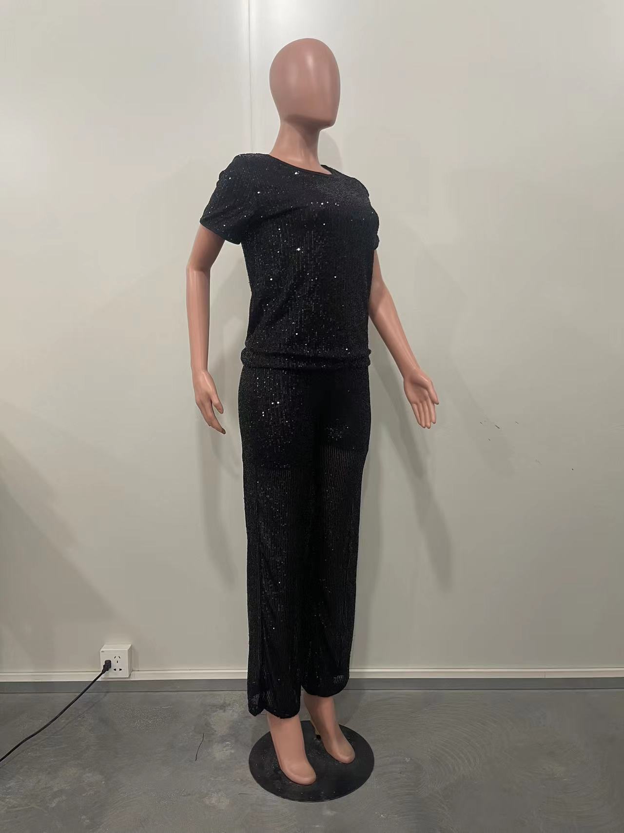 Women Spring Summer Sequin Solid Short Sleeve Top and Pants Two-piece Set
