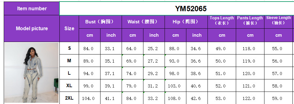 Women Spring Sexy Stretch Washed Zipper Denim Jacket Top and PantsTwo Piece Set