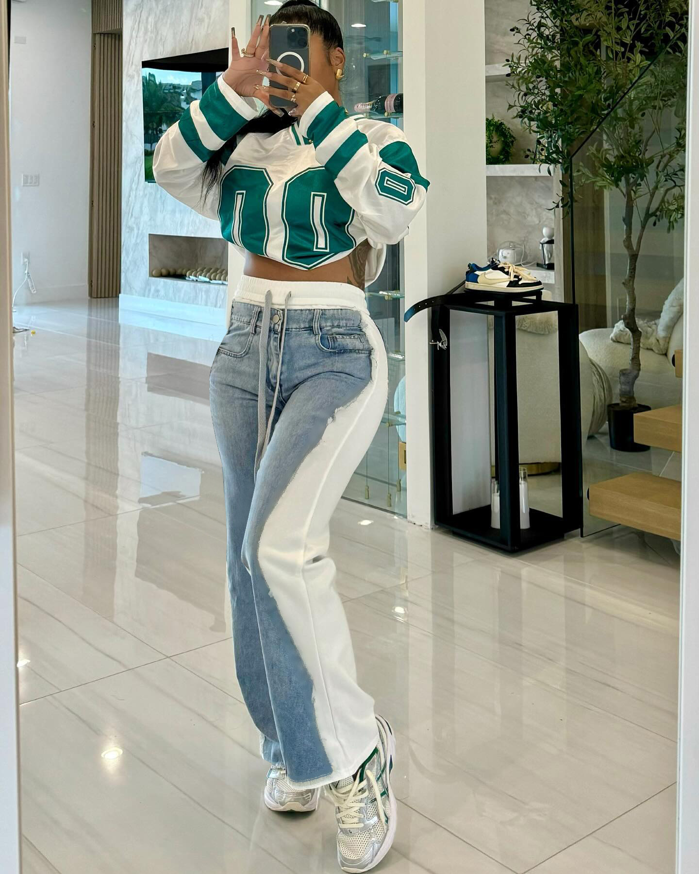 Spring/Summer Denim Print Contrast Pocket Elastic Waist Casual Straight-Leg Pants