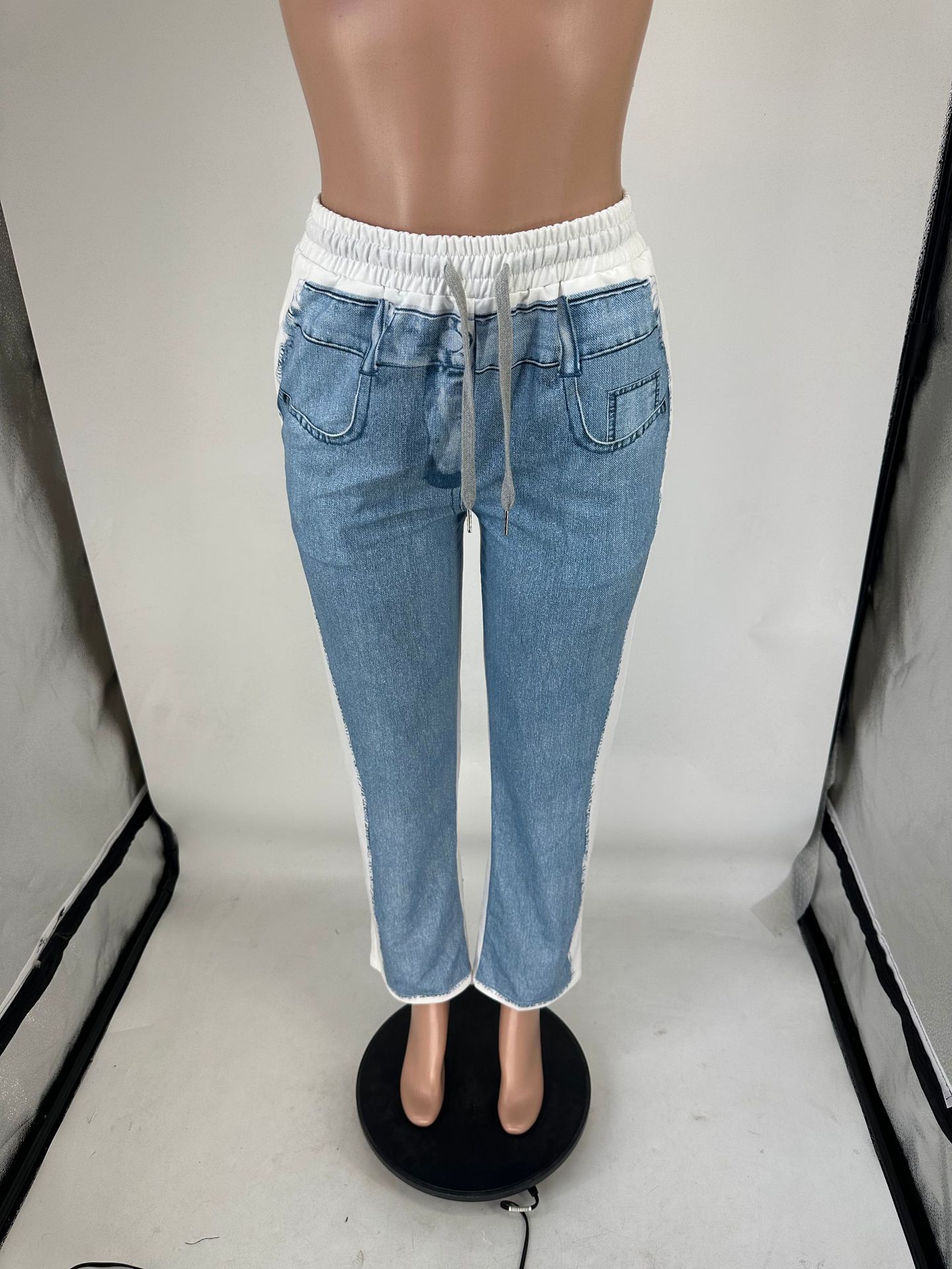 Spring/Summer Denim Print Contrast Pocket Elastic Waist Casual Straight-Leg Pants