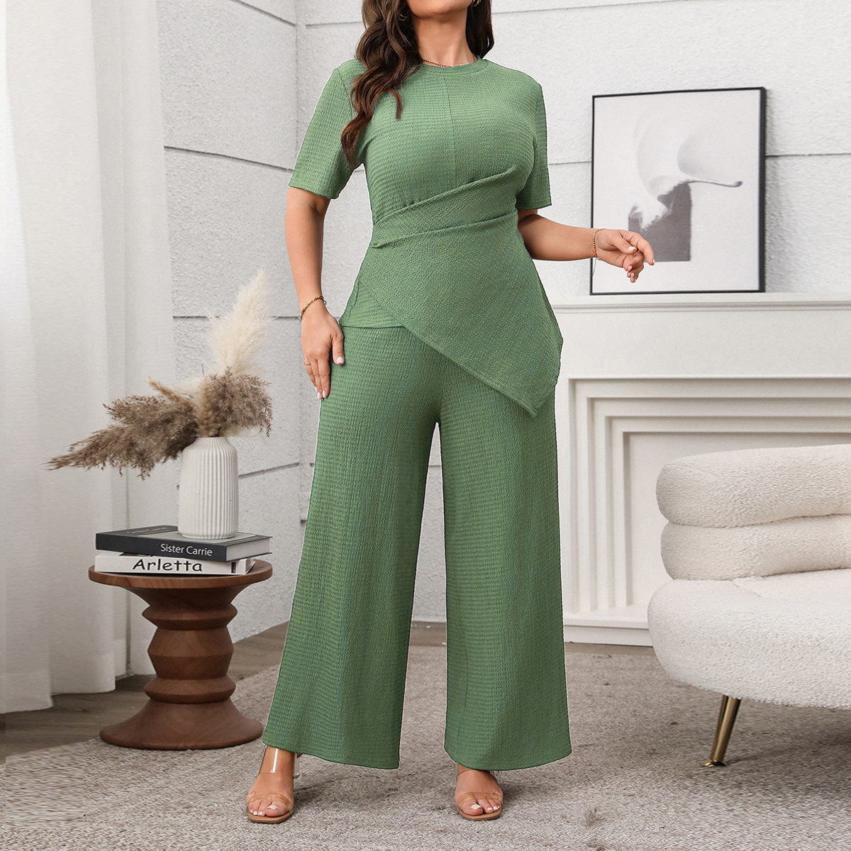 Women's Chic Casual Solid Color Short-Sleeve Top and Wide-Leg Pants Set